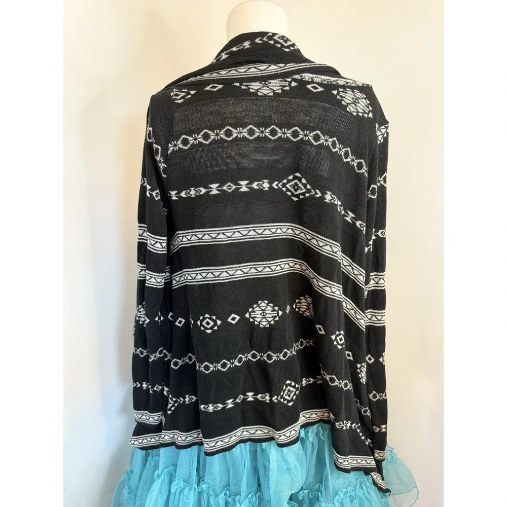 Say What Womens Cardigan Open Front Size S‎ Black And White Diamond Stripe EUC